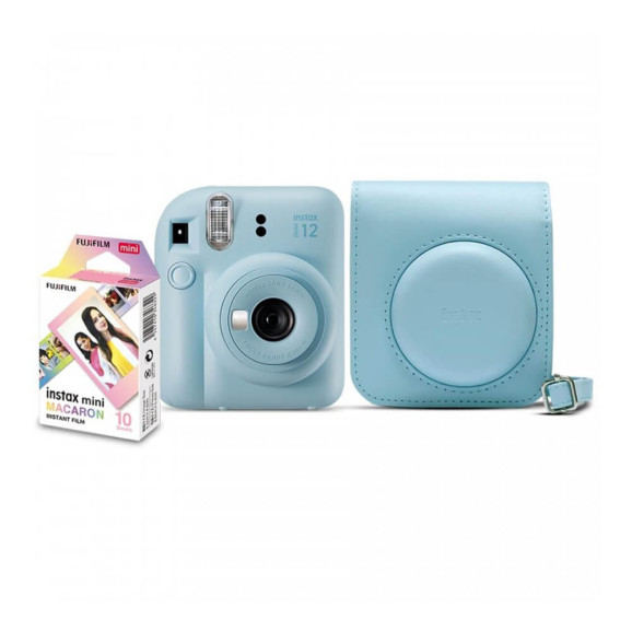 Kit Kit Câmera Instax Mini 12 Azul com Bolsa e 10 Filmes Macaron
