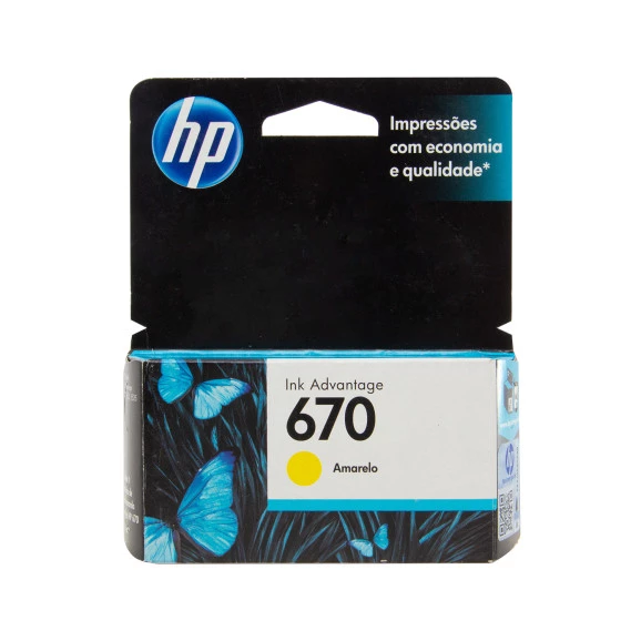 Caixa Preta com Detalhes Azul do Cartucho HP 670 Cor Amarela