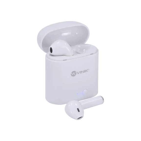 Visão do Fone de ouvido bluetooh Vinik Easy W1 TWS branco dentro e fora da caixa