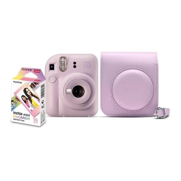 Kit Câmera Instax Mini 12 Lilás com Bolsa e 10 Filmes Macaron