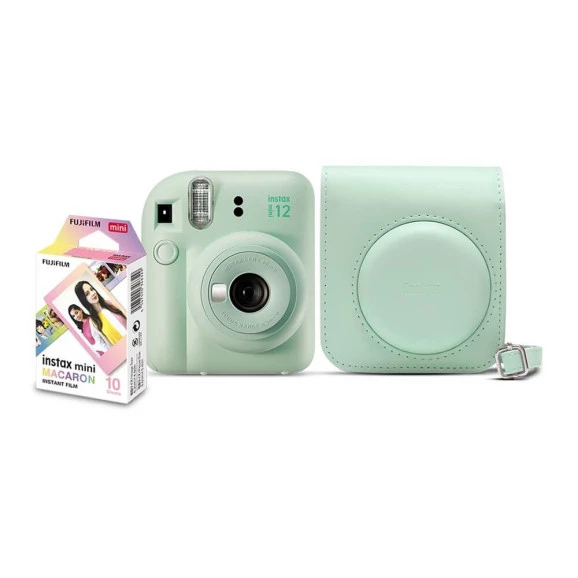 Kit Câmera Instax Mini 12 Verde com Bolsa e 10 Filmes Macaron